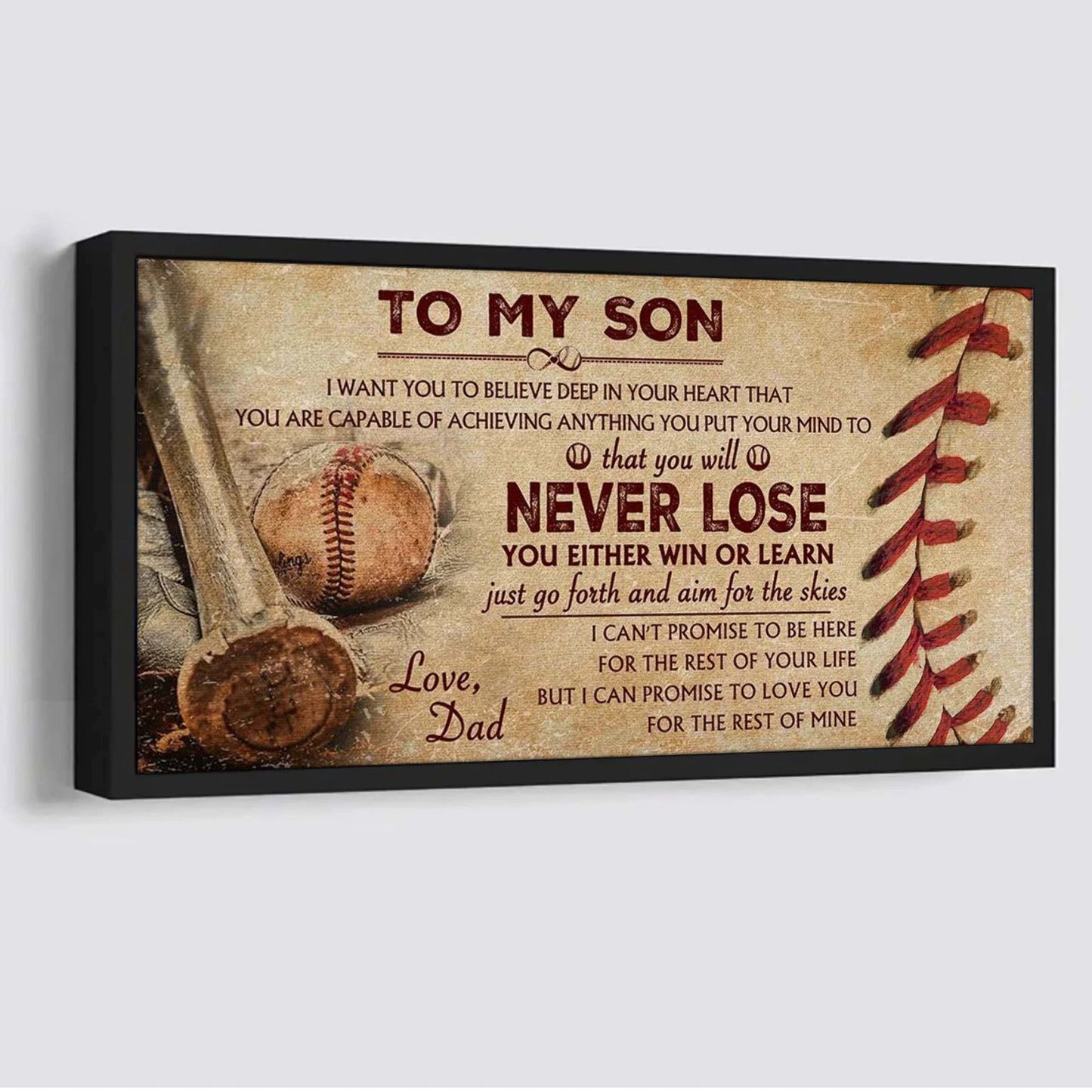 Customizable Baseball poster canvas - gifts from dad to son - Never lose you either win or learn