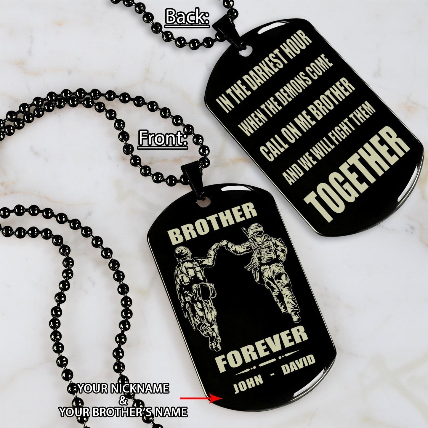 Samurai Call on me brother engraved white dog tag double sided. gift for brothers