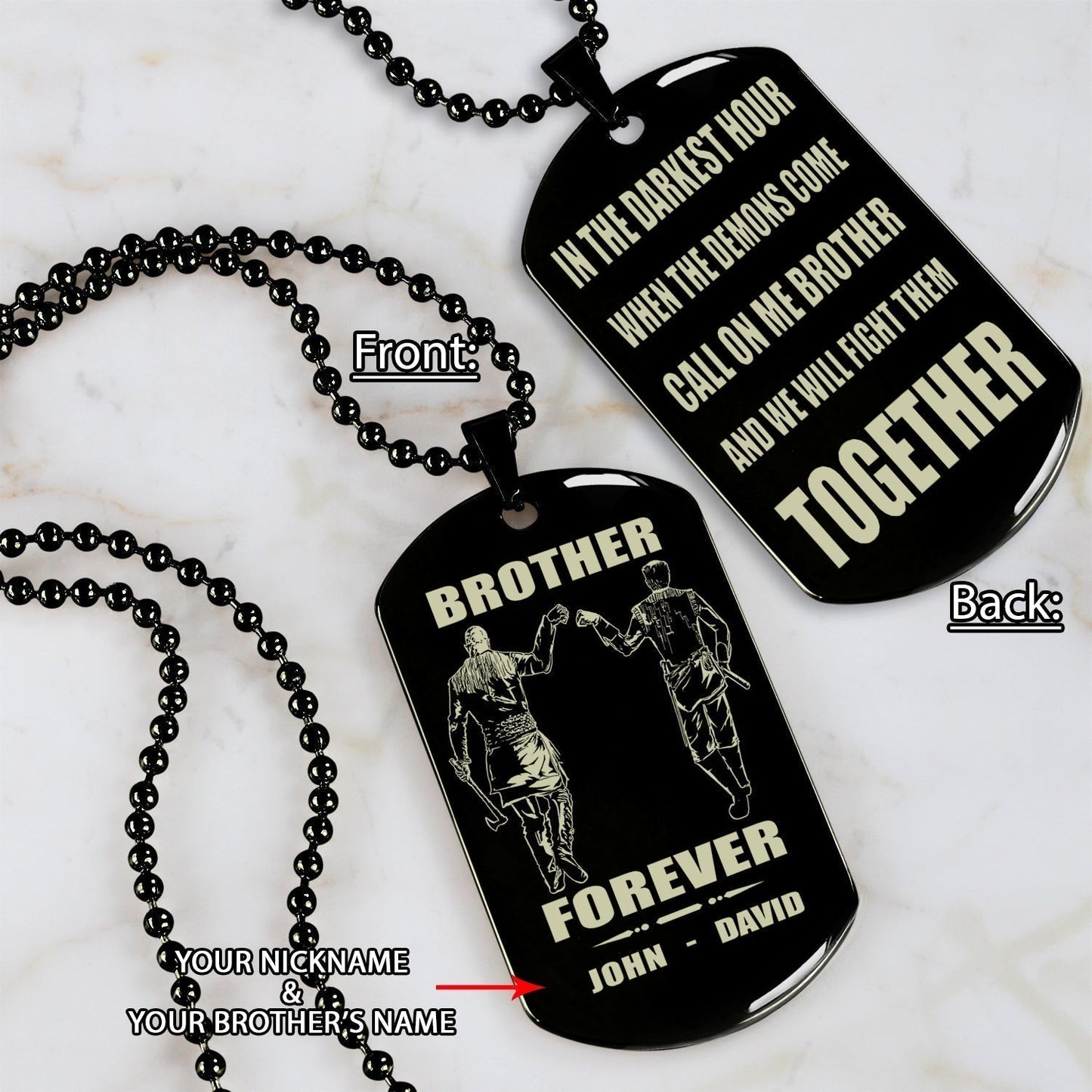 Samurai Call on me brother engraved white dog tag double sided. gift for brothers